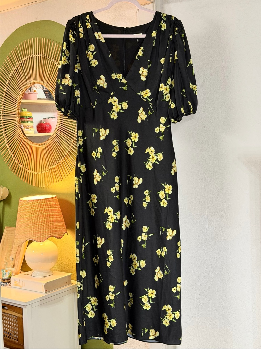 Alexia Admor Black Midi Dress with Yellow Floral Print and V-Neckline